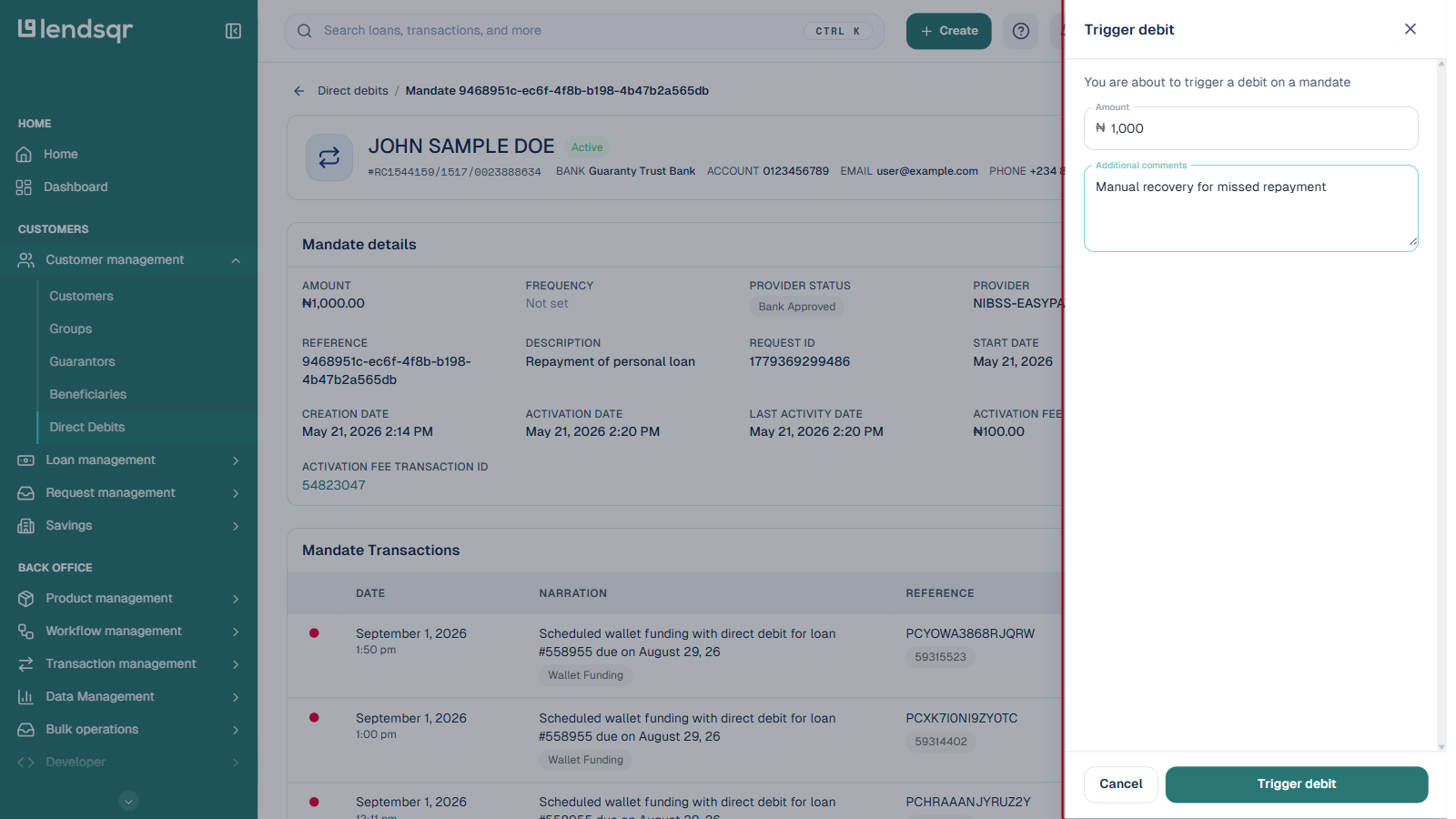 Trigger debit side panel with Amount and Additional comments fields filled in, over a mandate detail page