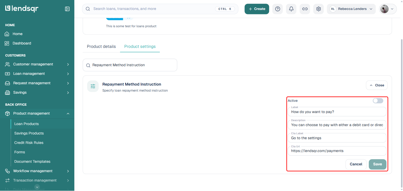 Repayment Method Instruction setting expanded showing Active toggle, Label, Description, Cta Label, and Cta Url fields with Save and Cancel buttons