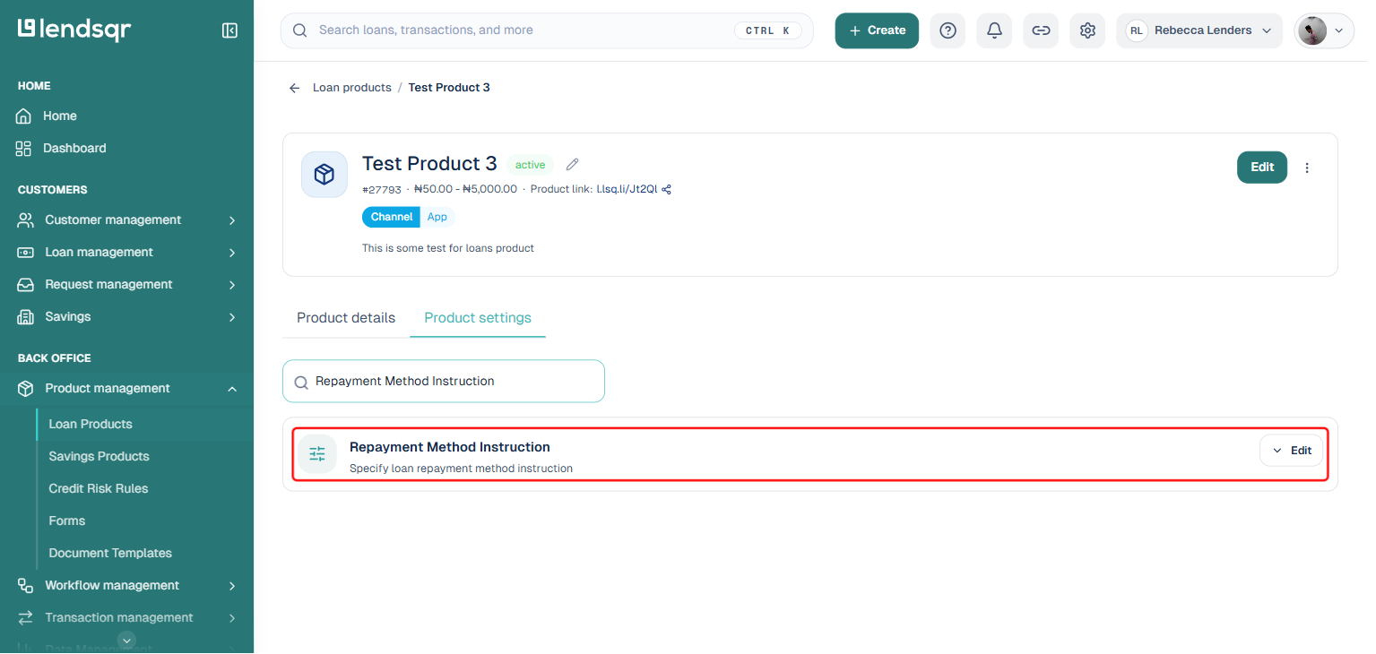 Product settings tab of a loan product with the Repayment Method Instruction setting found via the settings search box