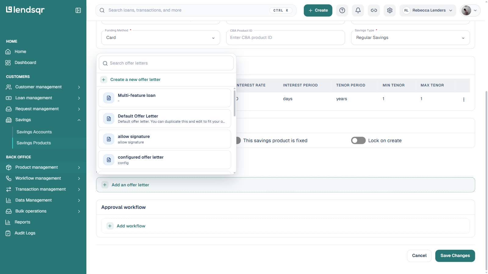 Offer letter picker dialog showing a search box, a Create a new offer letter action, and a list of existing offer letter templates