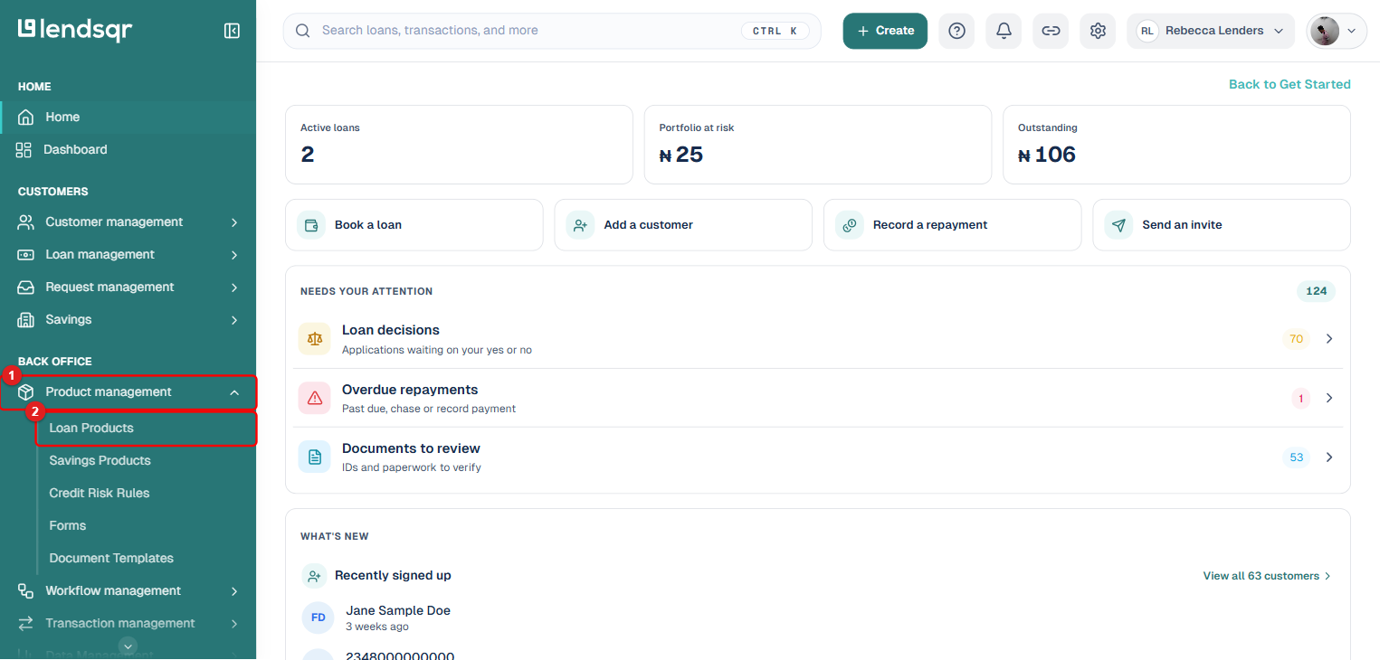 Admin console sidebar with numbered steps: 1) Product management boxed in red, 2) Loan Products submenu item boxed in red