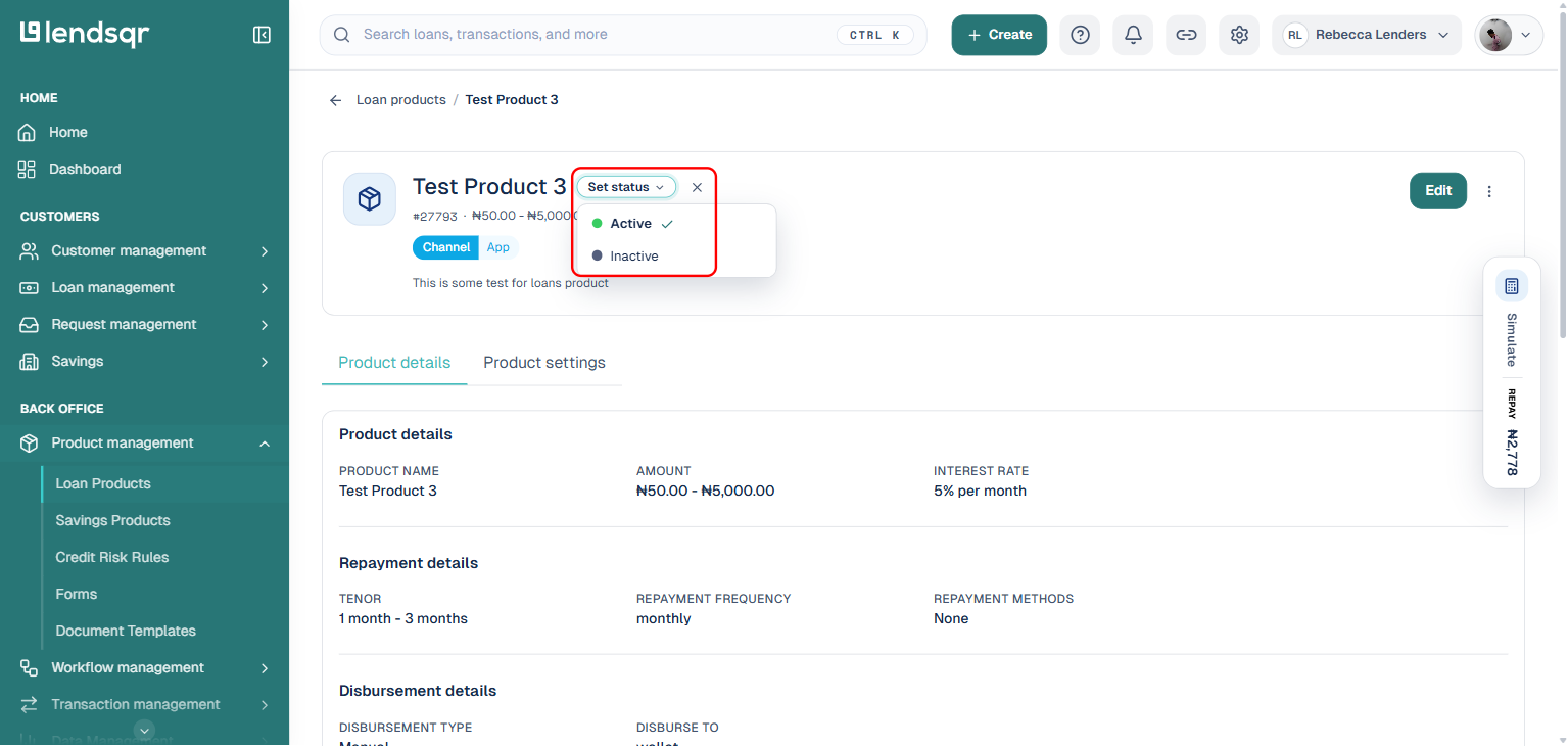 Loan product detail page with the status pill and edit icon boxed in red, dropdown open showing Active and Inactive options