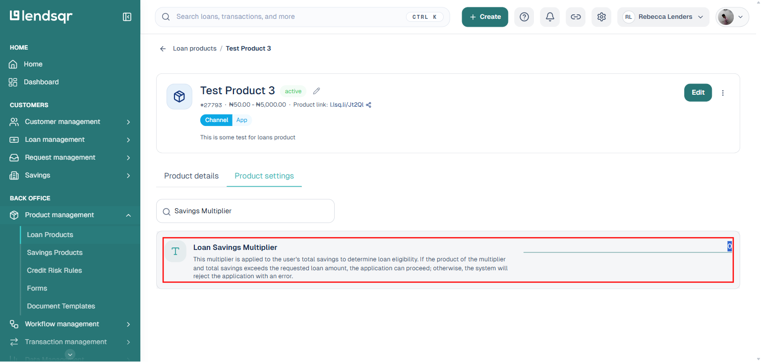 Loan Savings Multiplier setting in edit mode, showing an inline editable number field
