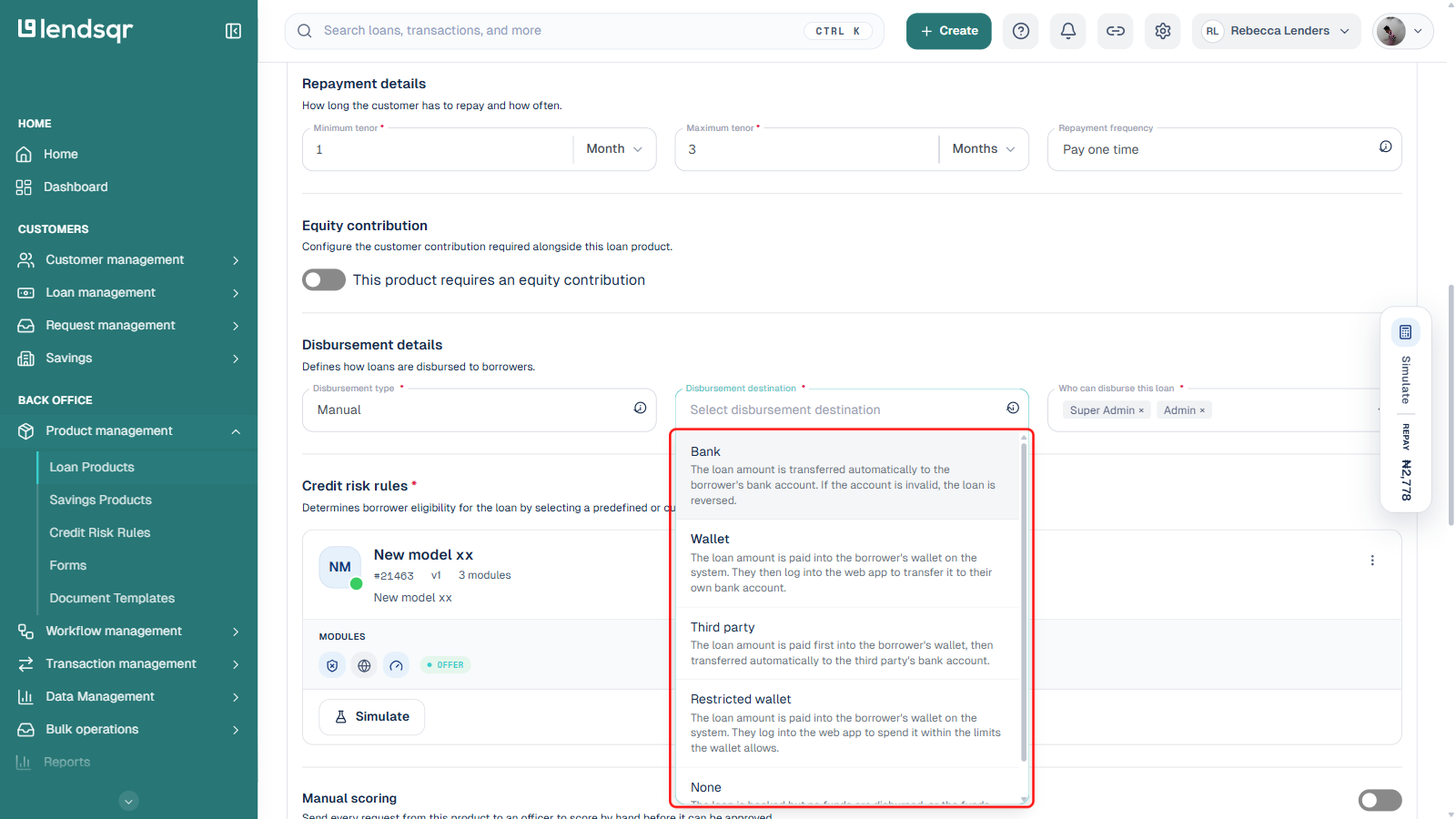 Loan product edit page, Disbursement details section, with the Disbursement destination dropdown open and boxed in red, showing Bank, Wallet, Third party, Restricted wallet, and None options with their descriptions