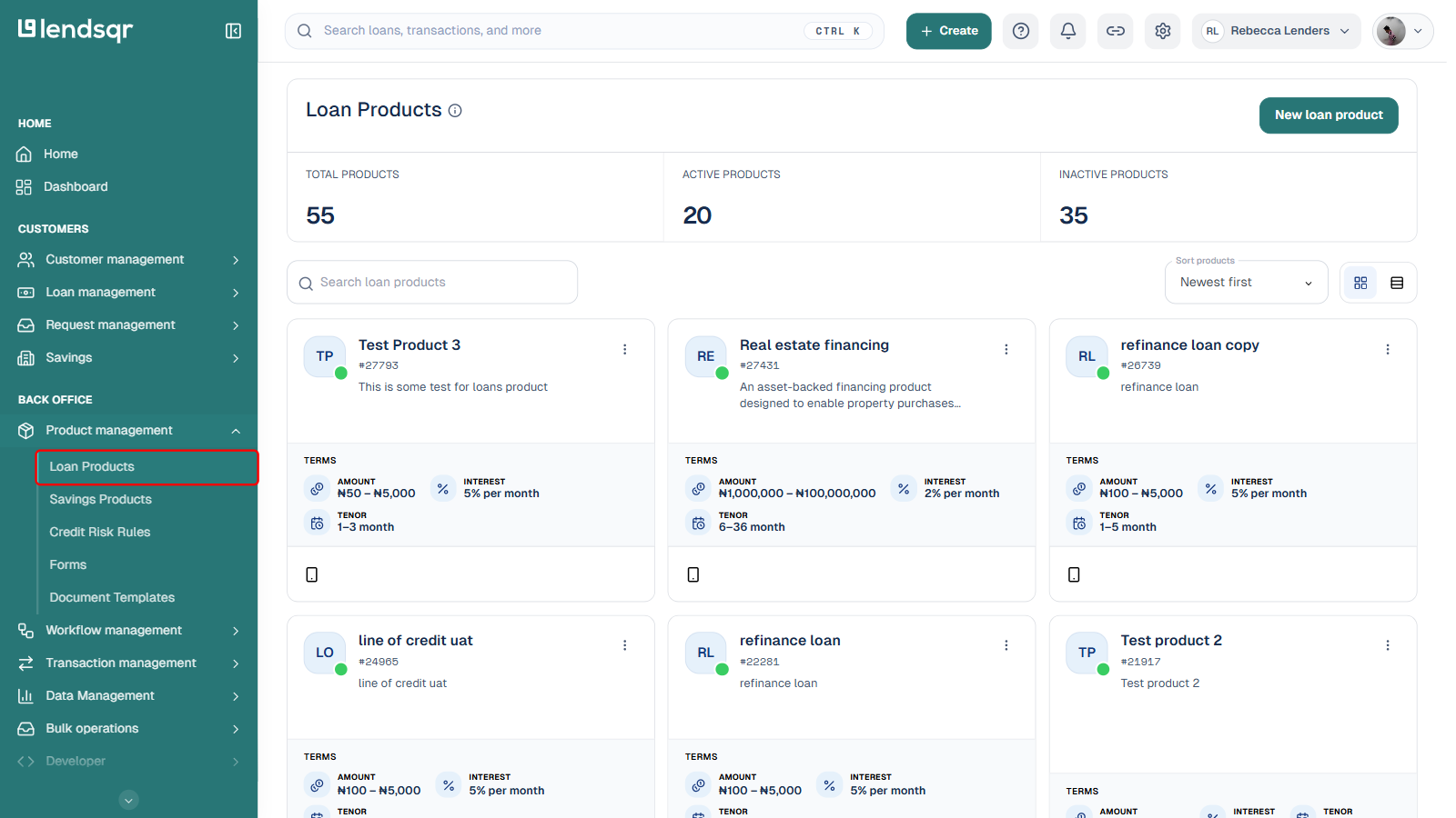 Admin console sidebar with Product management expanded and Loan Products boxed in red