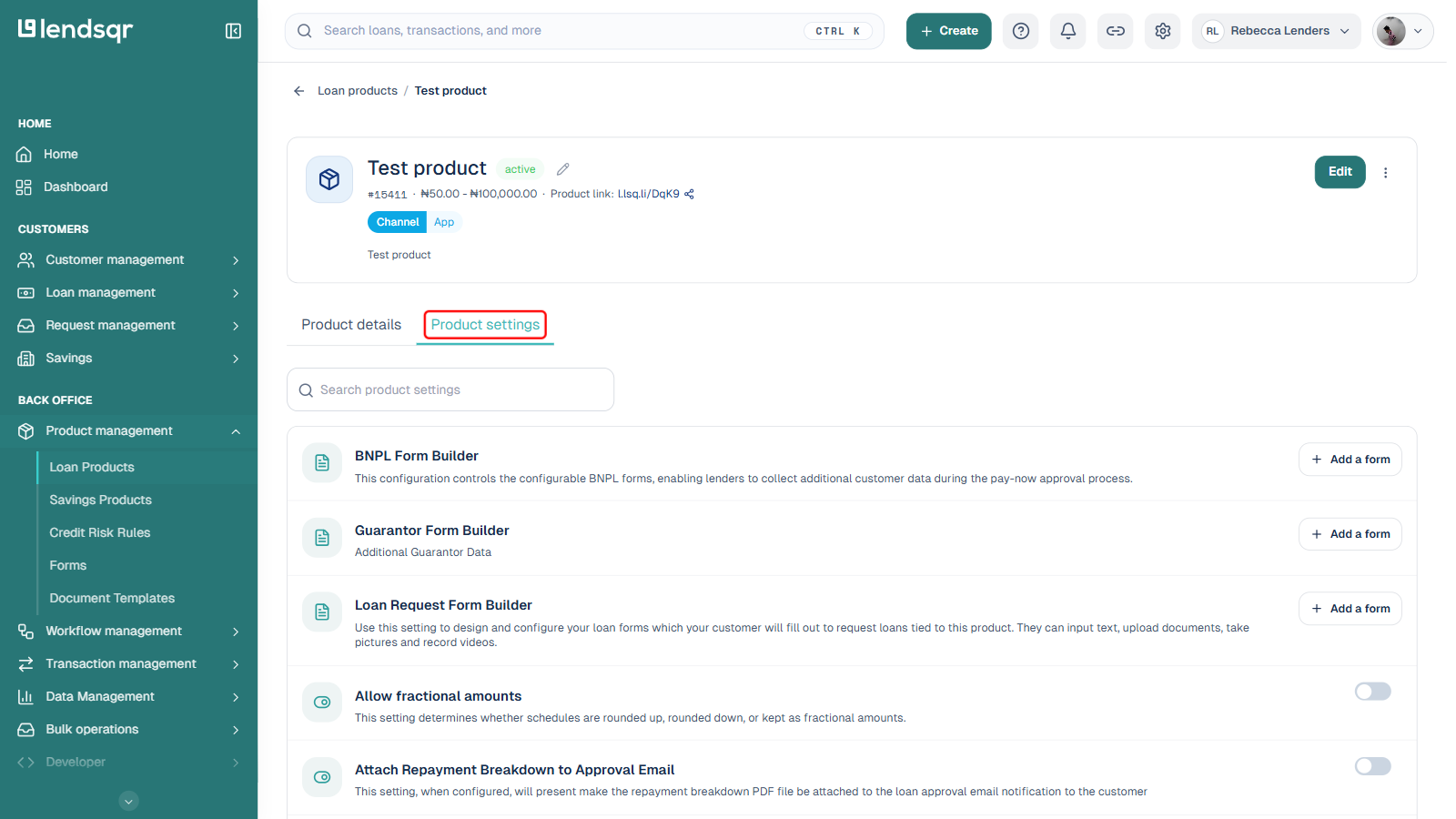 Loan product page with the Product settings tab boxed in red