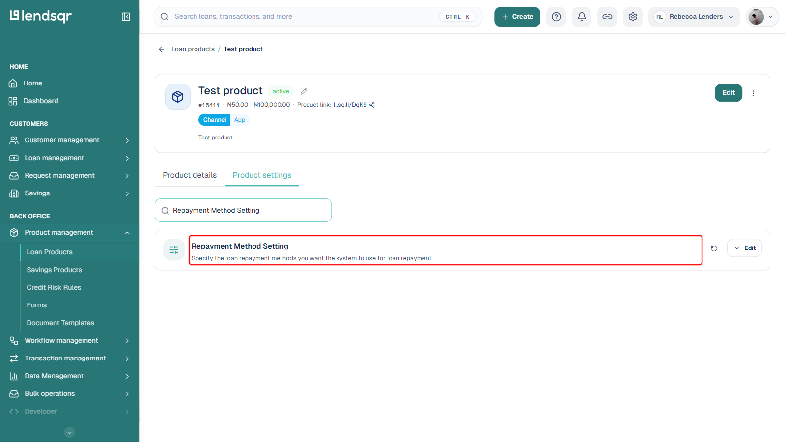Product settings search filtered to Repayment Method Setting, boxed in red