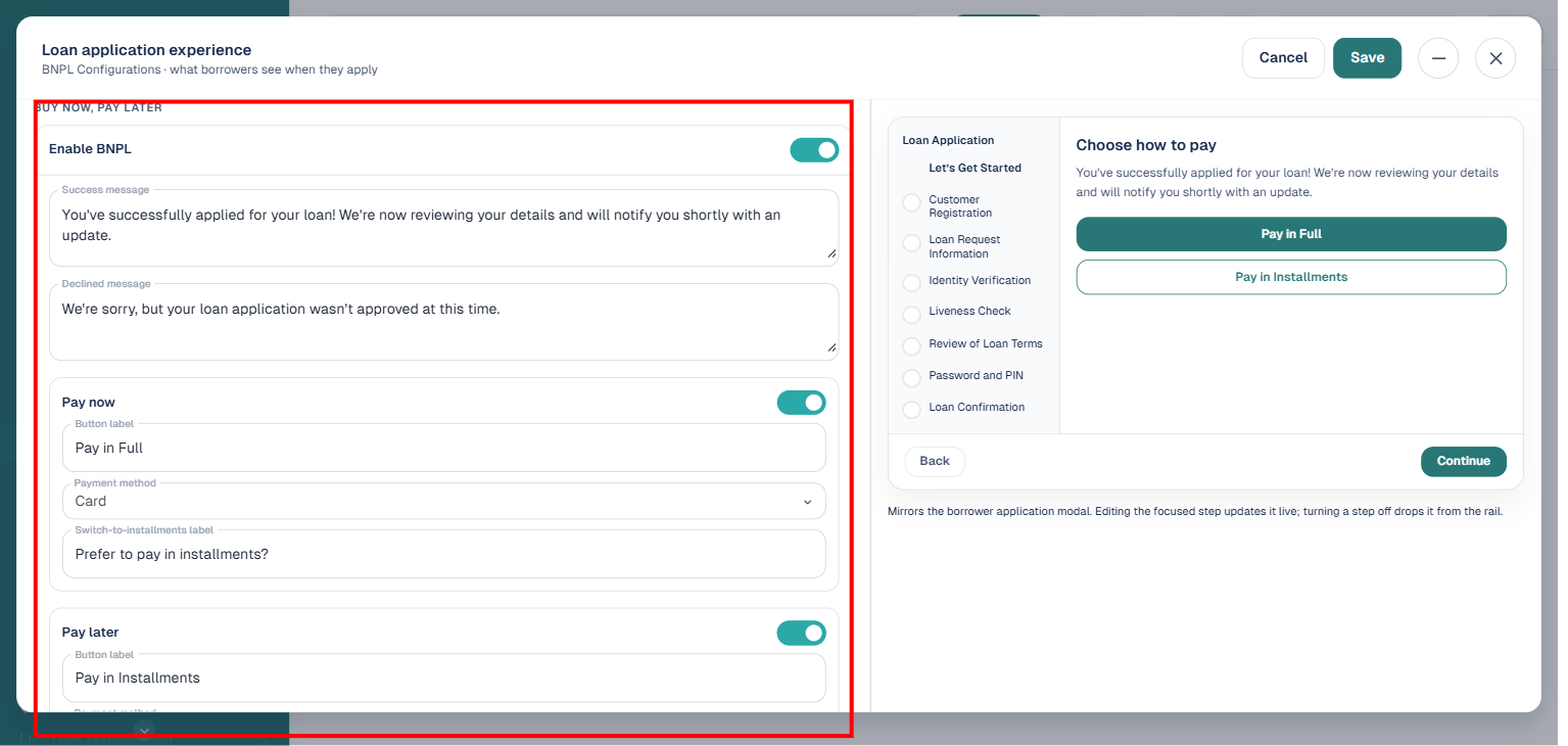 Buy now, pay later section of the loan application experience builder, highlighted, showing Enable BNPL toggle, success and declined messages, and Pay now and Pay later options with live preview