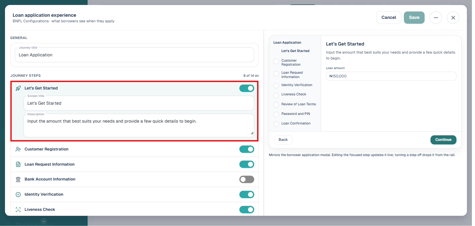 Loan application experience builder showing journey steps list with the Let's Get Started step expanded and highlighted, showing its toggle, screen title, and description fields