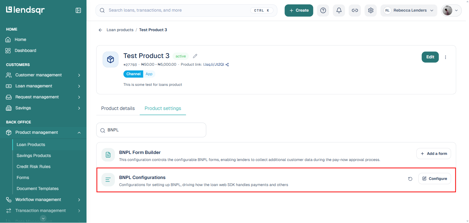 Product settings search filtered to BNPL Configurations, highlighted