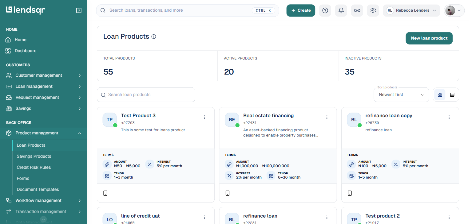 Loan Products list page for creating a new loan product or selecting an existing one