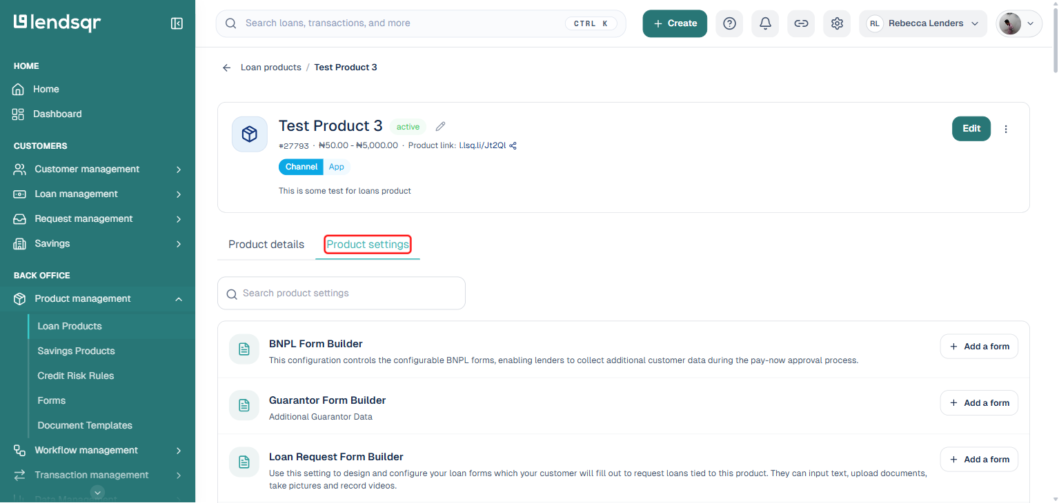 Loan product detail page with the Product settings tab boxed in red