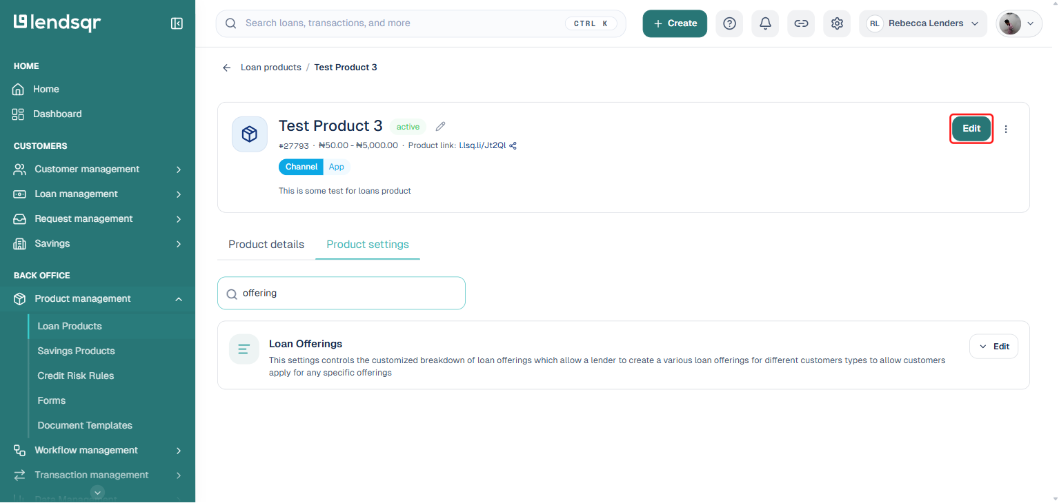 Product settings search filtered to offering, showing the Loan Offerings setting with its Edit button boxed in red