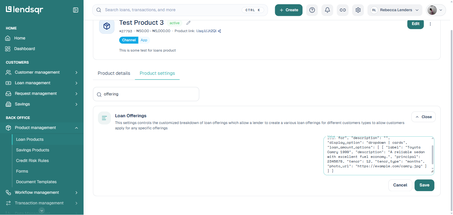 Loan Offerings setting expanded with the JSON configuration pasted into the Value field, and Save and Cancel buttons visible