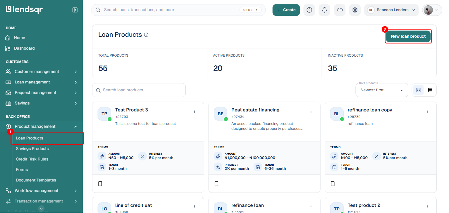Loan Products page: box 1 on the Loan Products item under Product management in the sidebar, box 2 on the New loan product button