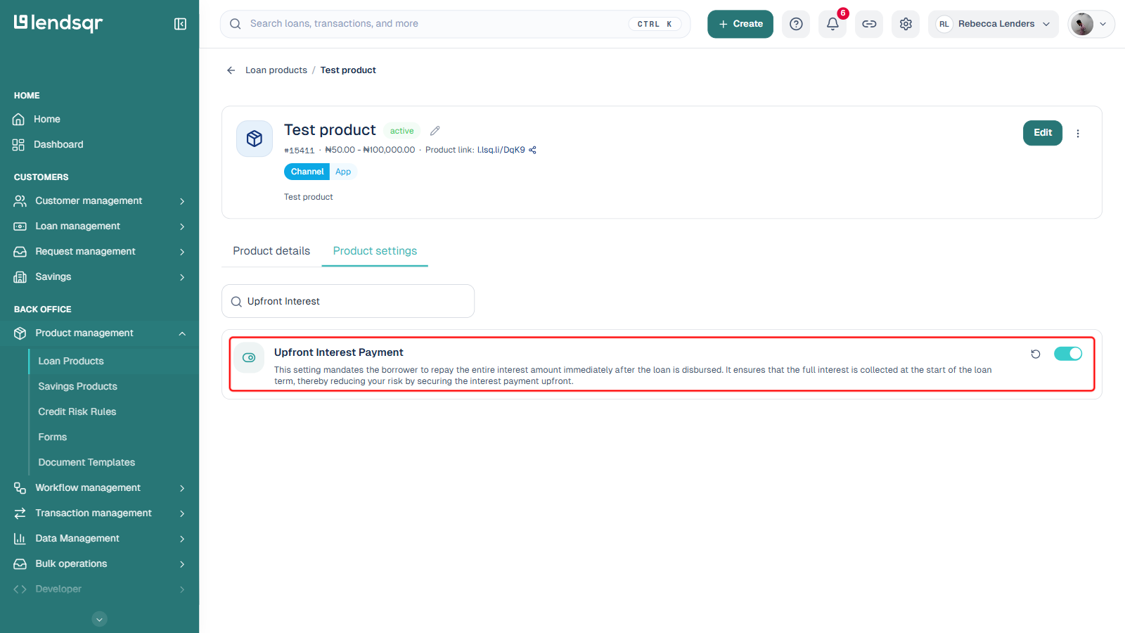 Product settings search filtered to Upfront Interest Payment, boxed in red, showing the toggle switched on