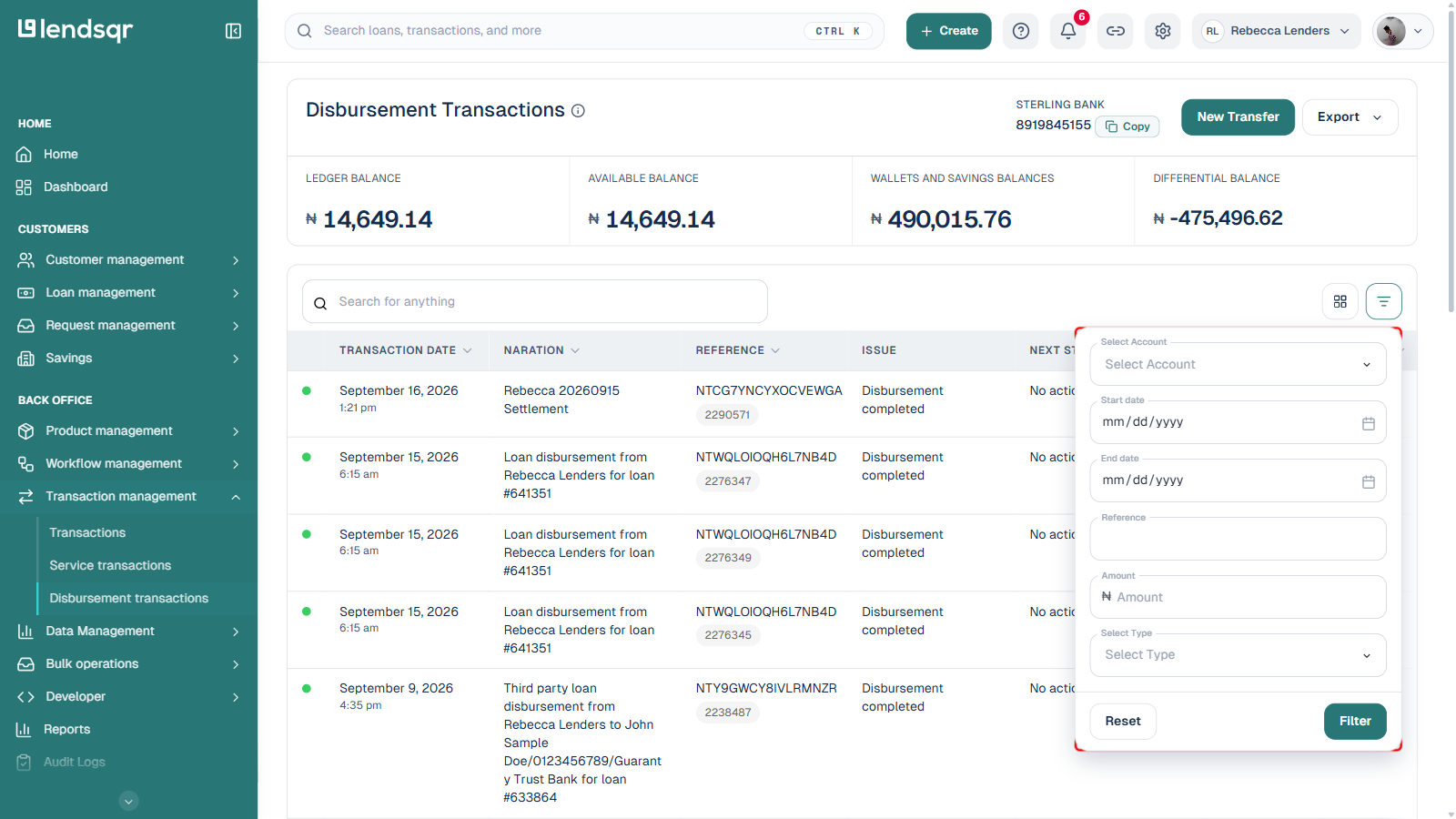 Disbursement transaction filter panel