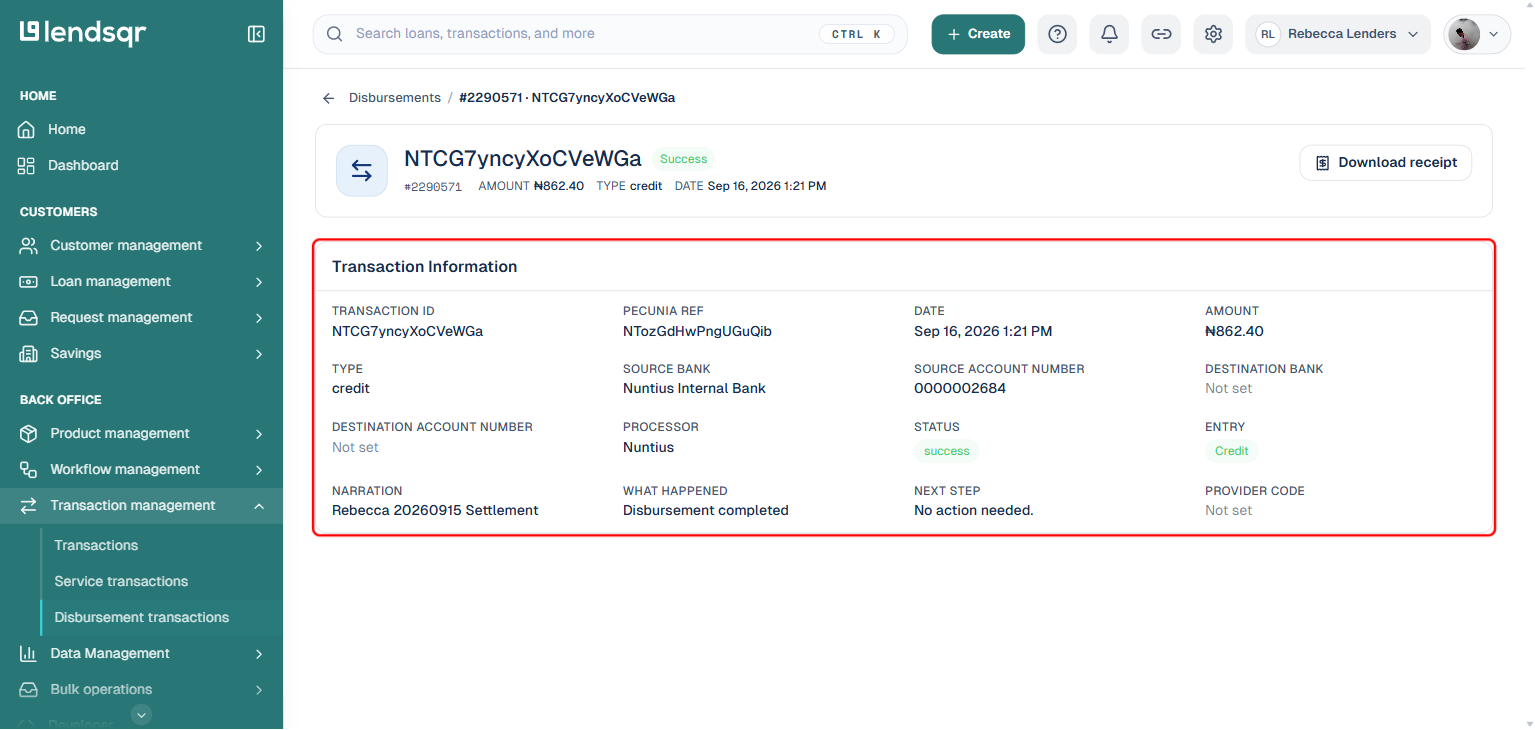 Disbursement transaction detail page