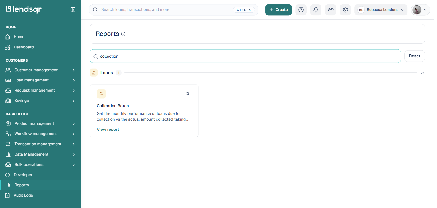 Reports page filtered to collection, showing the Collection Rates report card