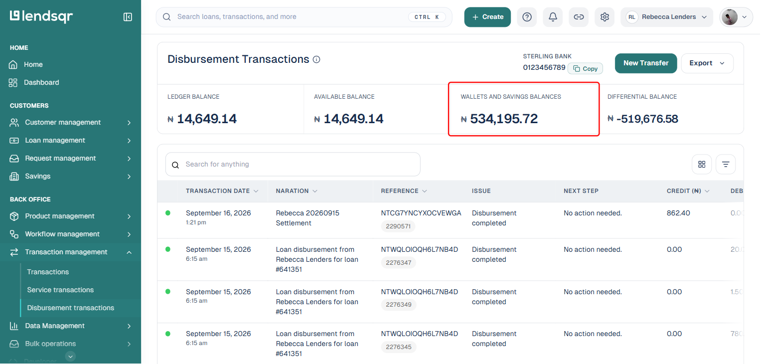 Disbursement Transactions page with the Wallets and Savings Balances metric boxed in red