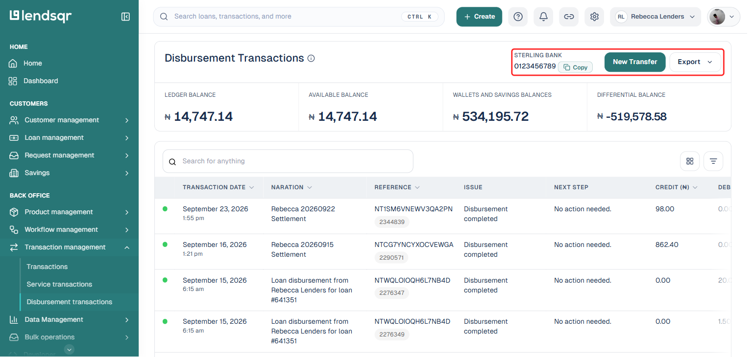 Disbursement Transactions page with the virtual account number and Copy button boxed in red