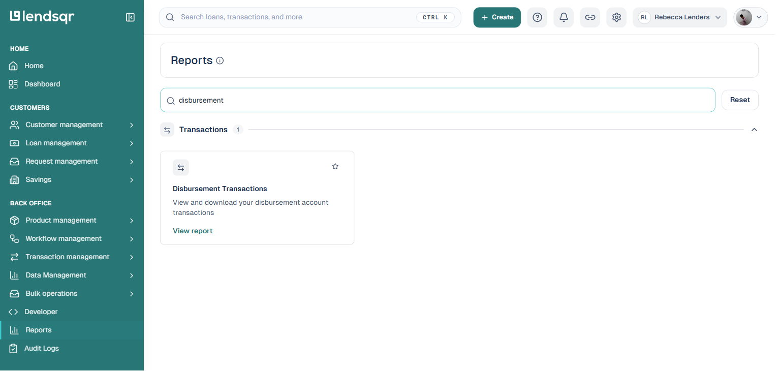Reports page filtered to disbursement, showing the Disbursement Transactions report card