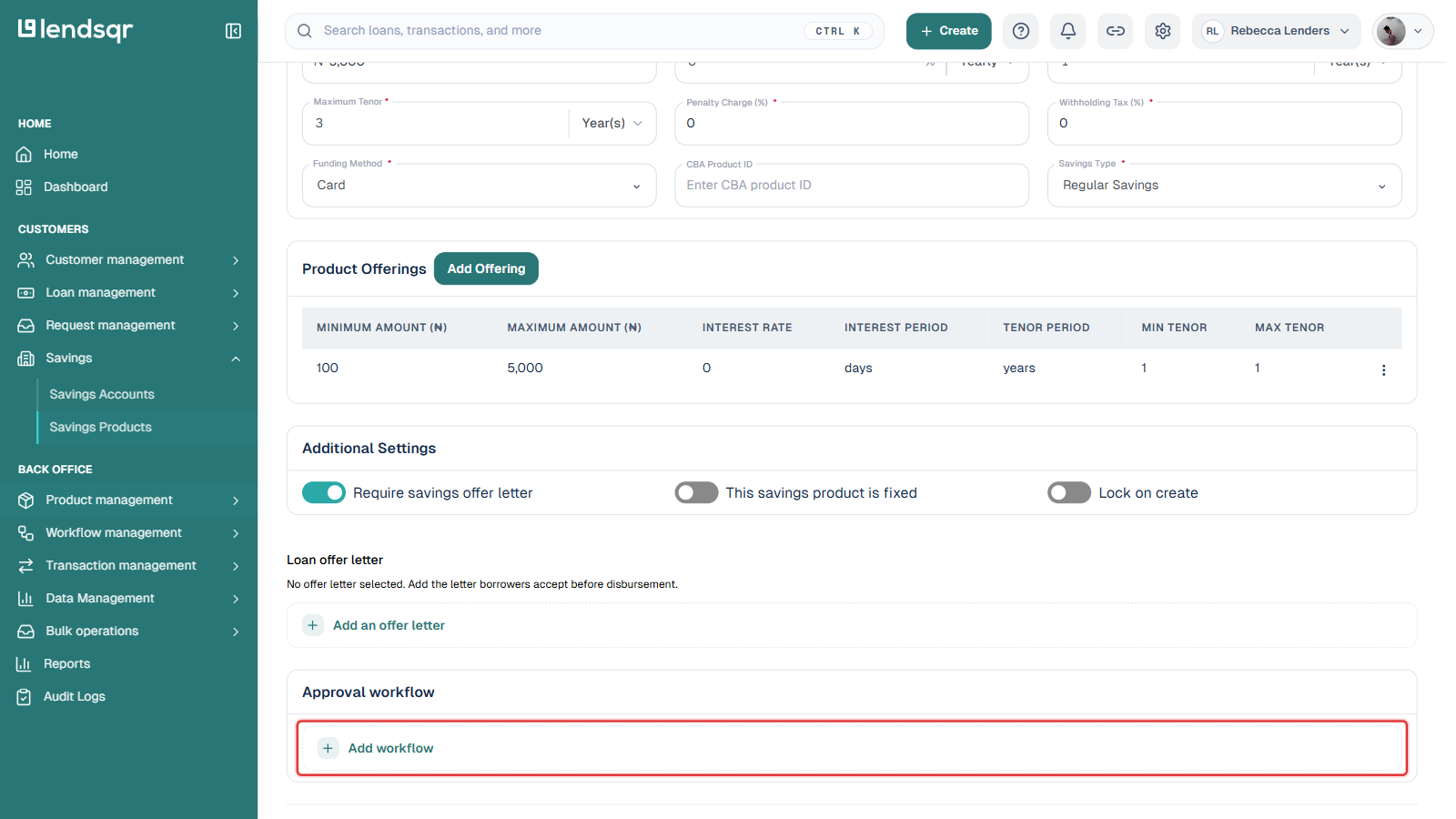 Approval workflow section at the bottom of the savings product edit page, with the Add workflow button boxed in red