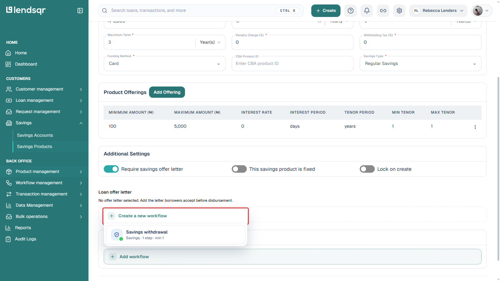 Add workflow picker with the Create a new workflow action boxed in red, showing the Create a new workflow action and an existing Savings withdrawal workflow