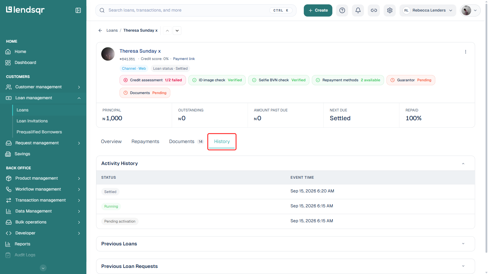 Loan record page on the admin console with the History tab boxed in red, showing the Activity History table below with status and event time