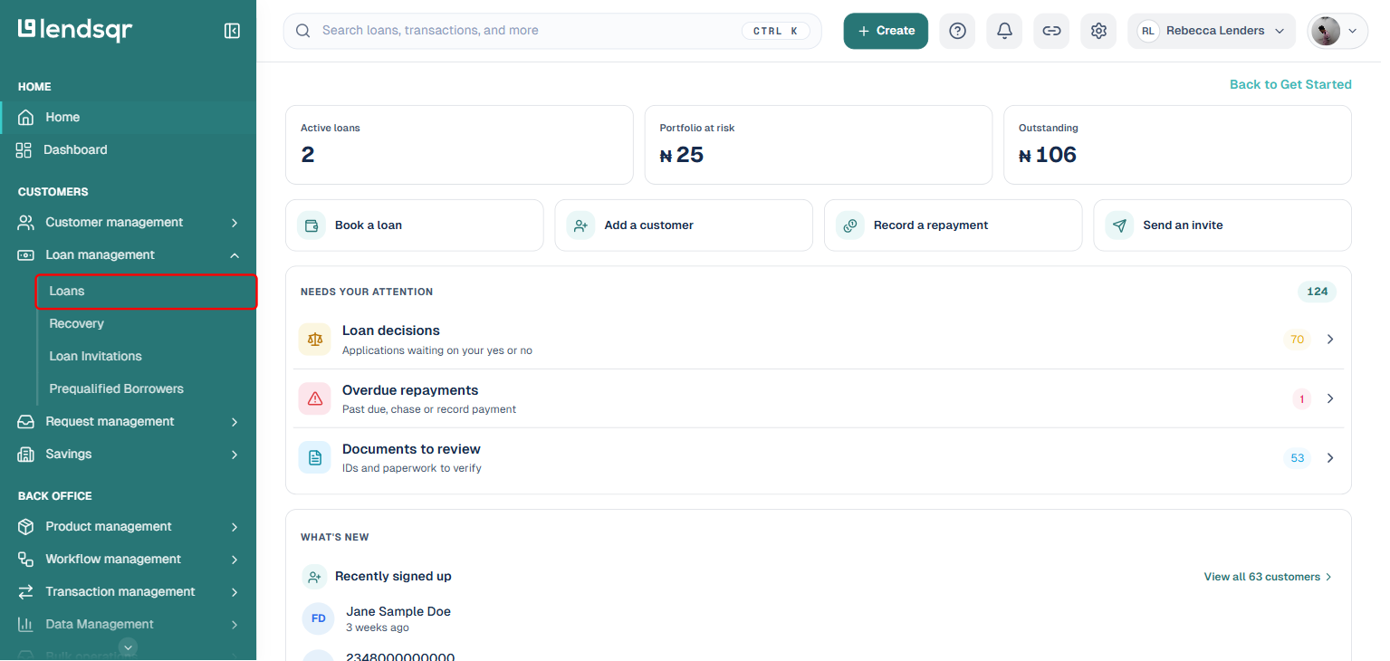 Admin console sidebar with Loan management expanded and Loans boxed in red