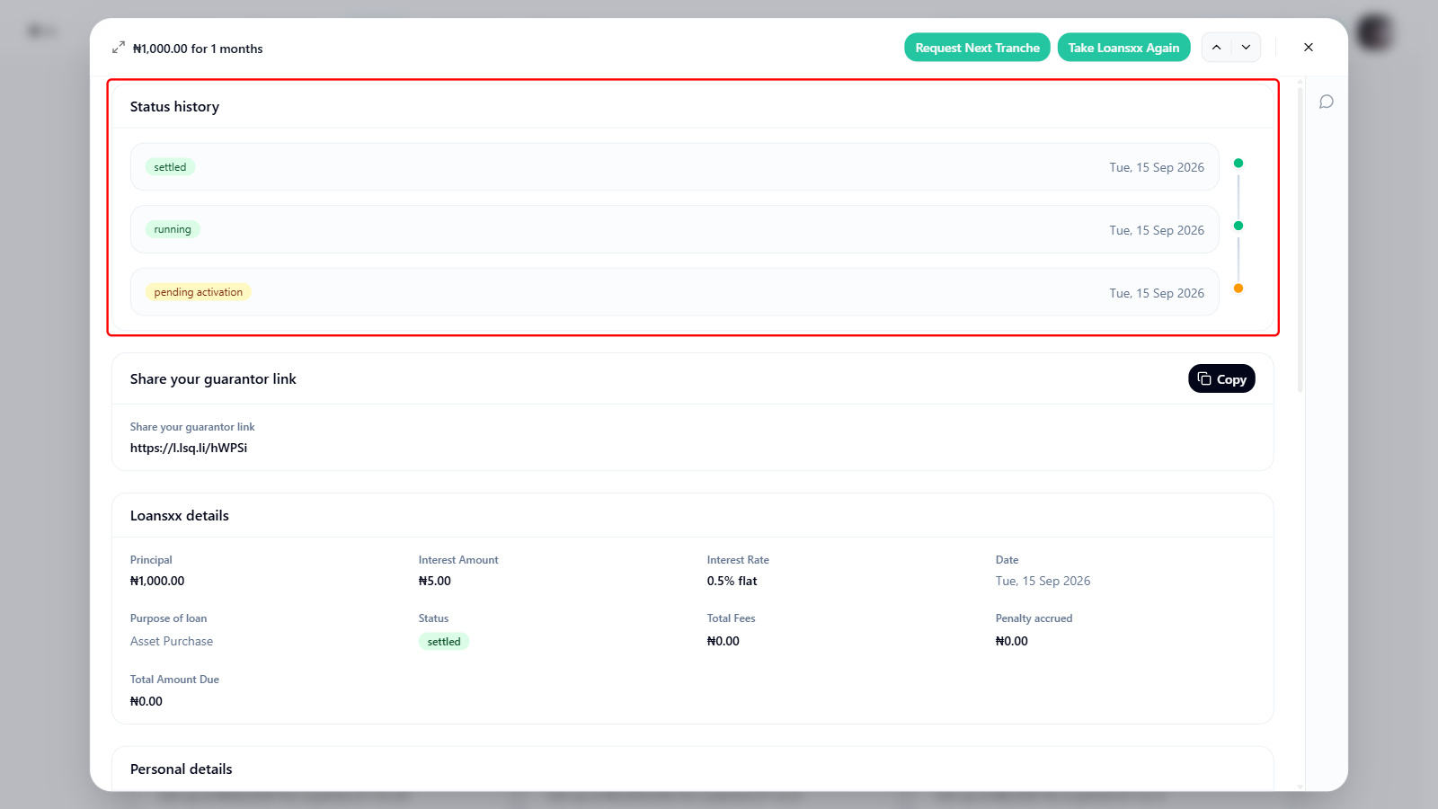 Loan detail panel on the lender web app with the Status history card boxed in red, showing status transitions with timestamps