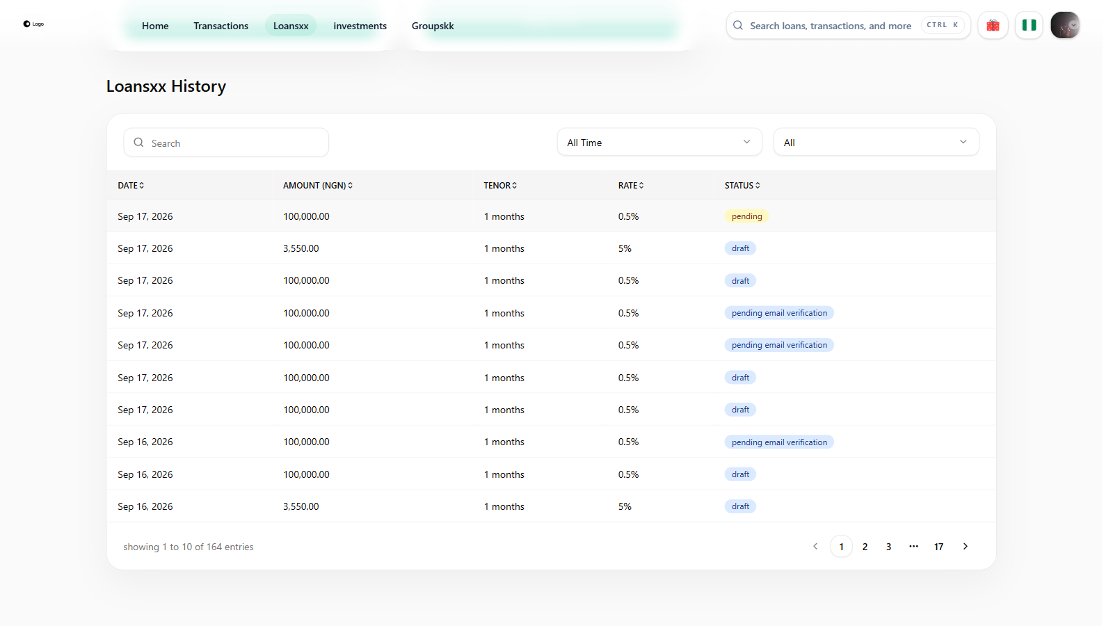 Loans History table on the lender web app showing date, amount, tenor, rate and status columns
