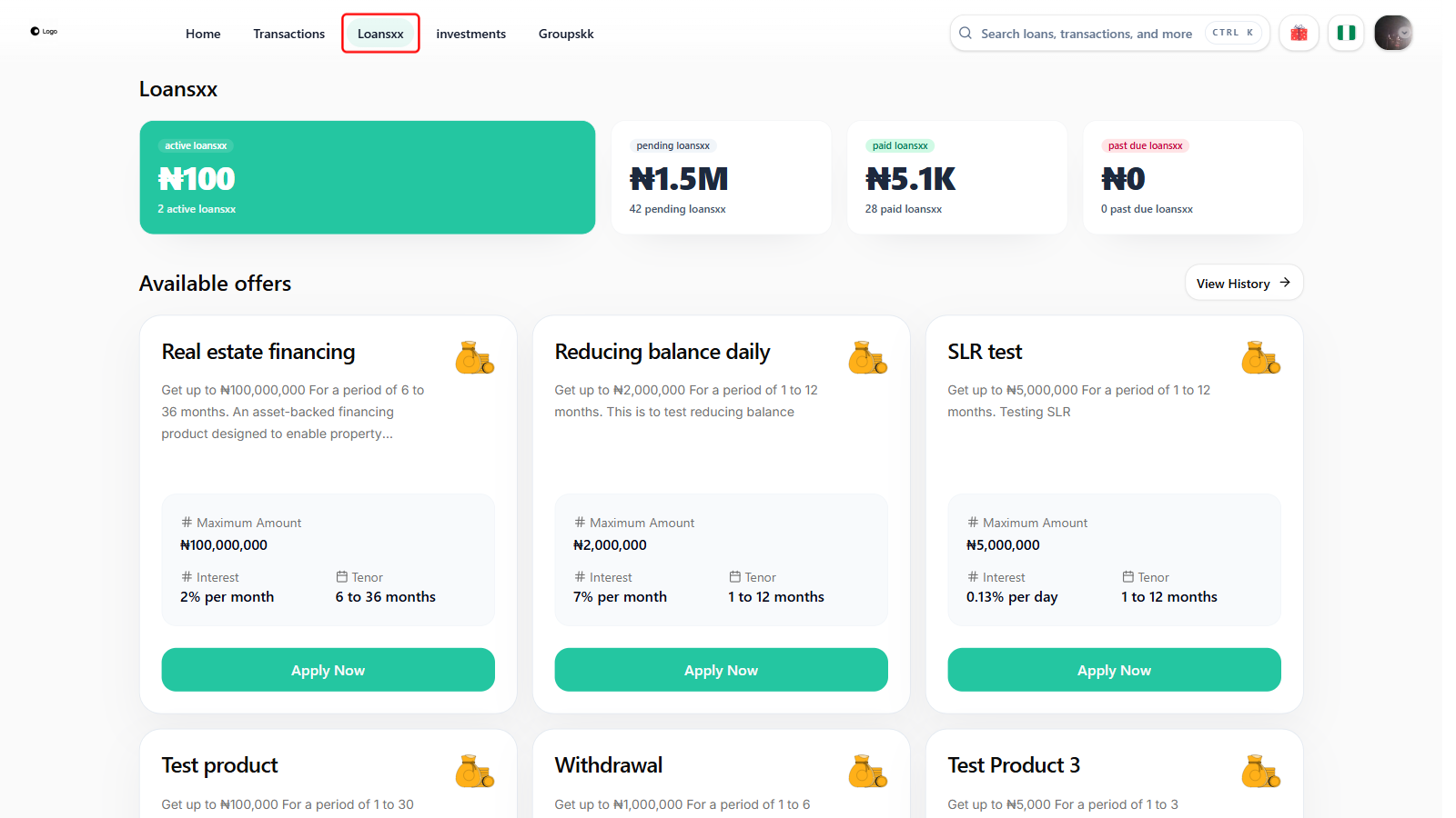 Lender web app top navigation bar with Loans boxed in red