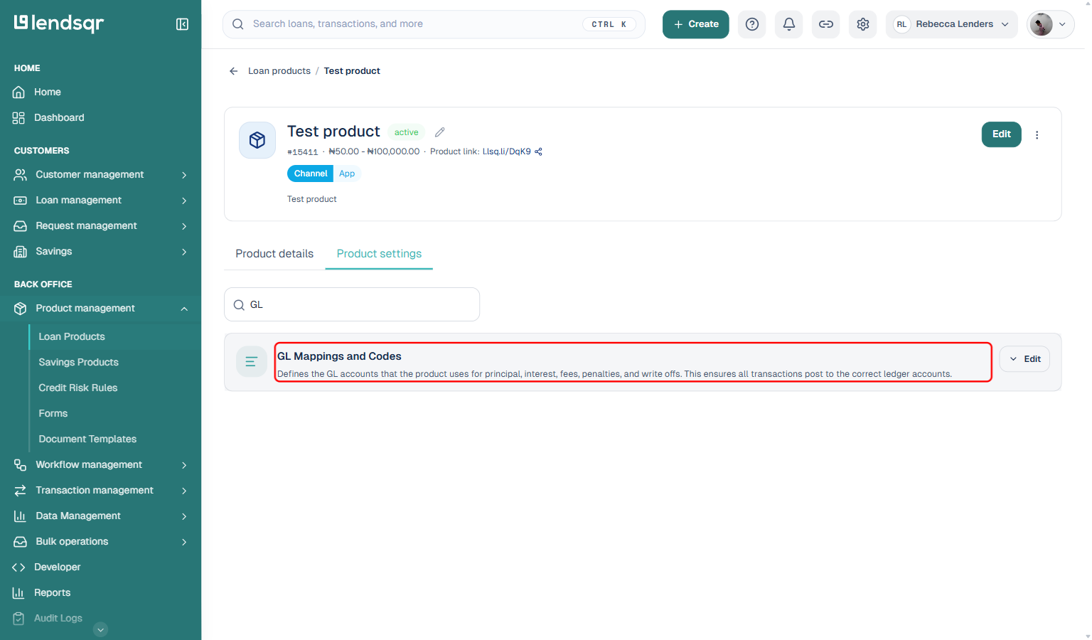 Product settings search filtered to GL, with the GL Mappings and Codes setting boxed in red