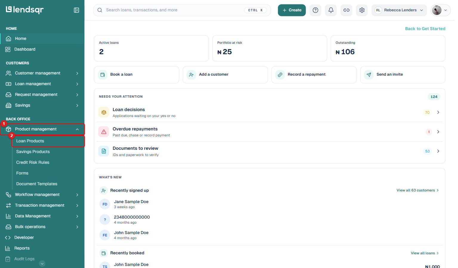 Admin console sidebar with numbered steps: 1) Product management boxed in red, 2) Loan Products submenu item boxed in red