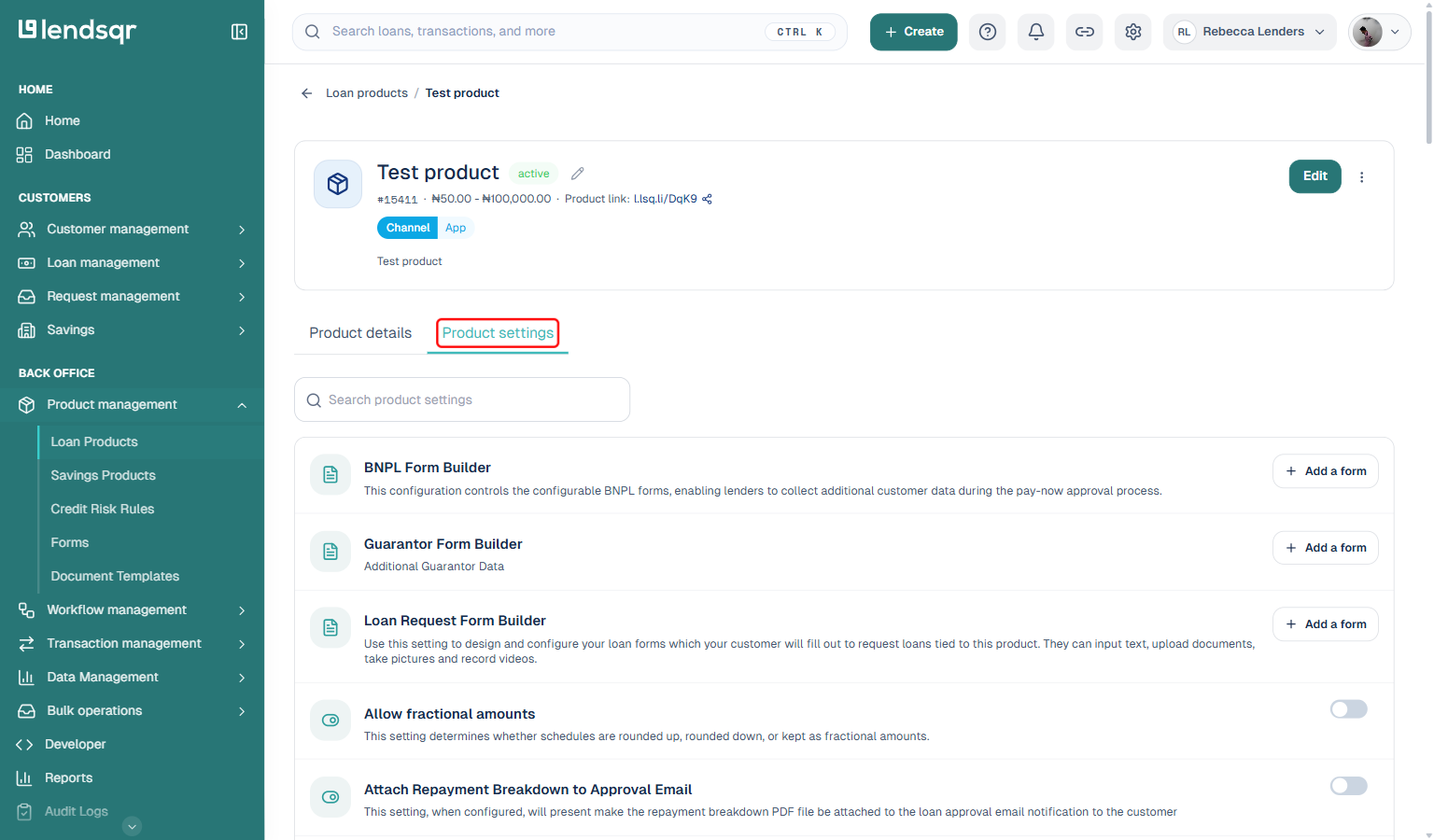 Loan product page with the Product settings tab boxed in red