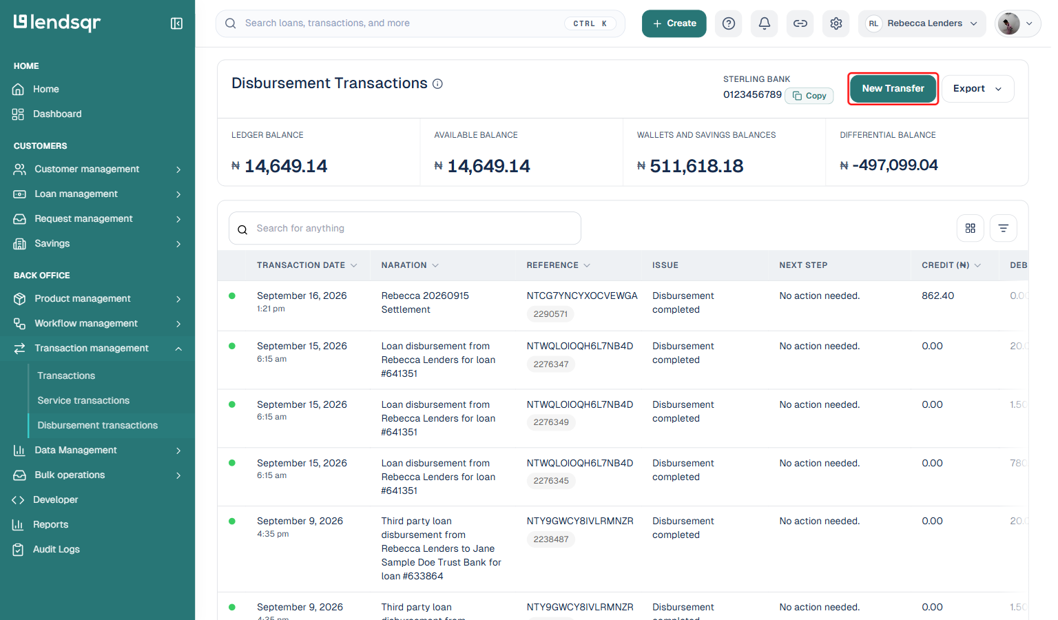 Disbursement Transactions page: box on the New Transfer button