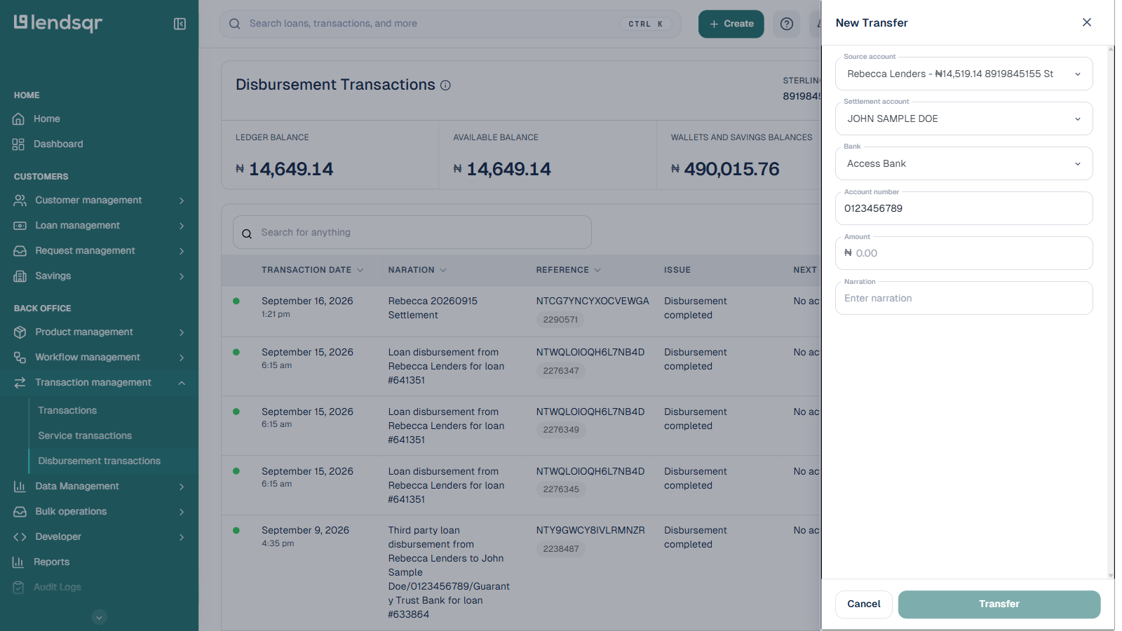 New Transfer panel with source account, settlement account, bank, and account number selected