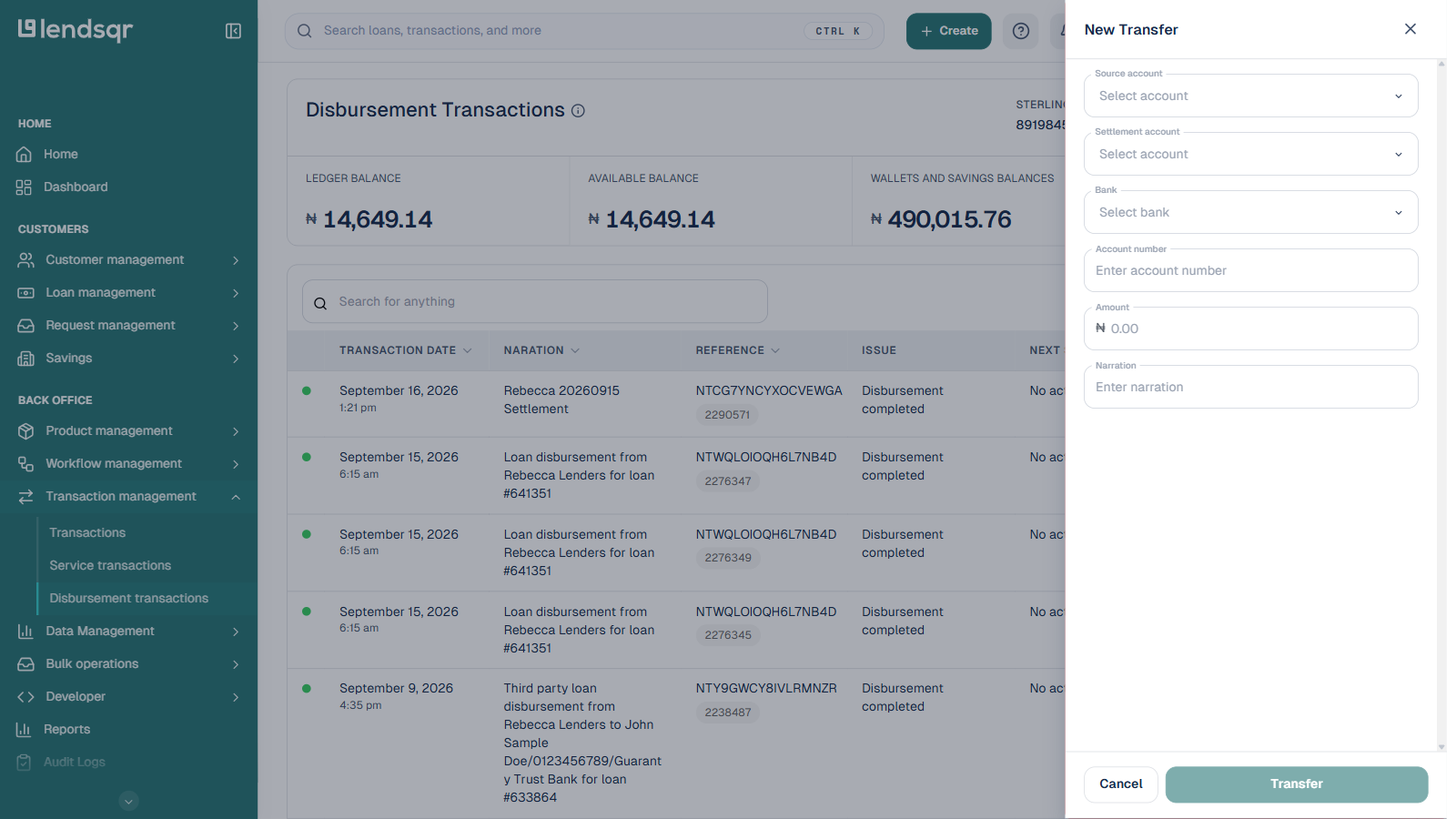 New Transfer panel on the Disbursement Transactions page