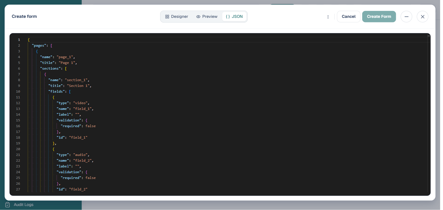 Form designer JSON tab showing the auto-generated JSON structure for the video and audio fields, including type, name, label, and validation properties