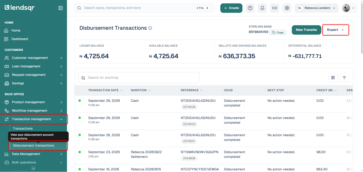 Lendsqr Disbursement Transactions page with Transaction management, Disbursement transactions, and Export boxed