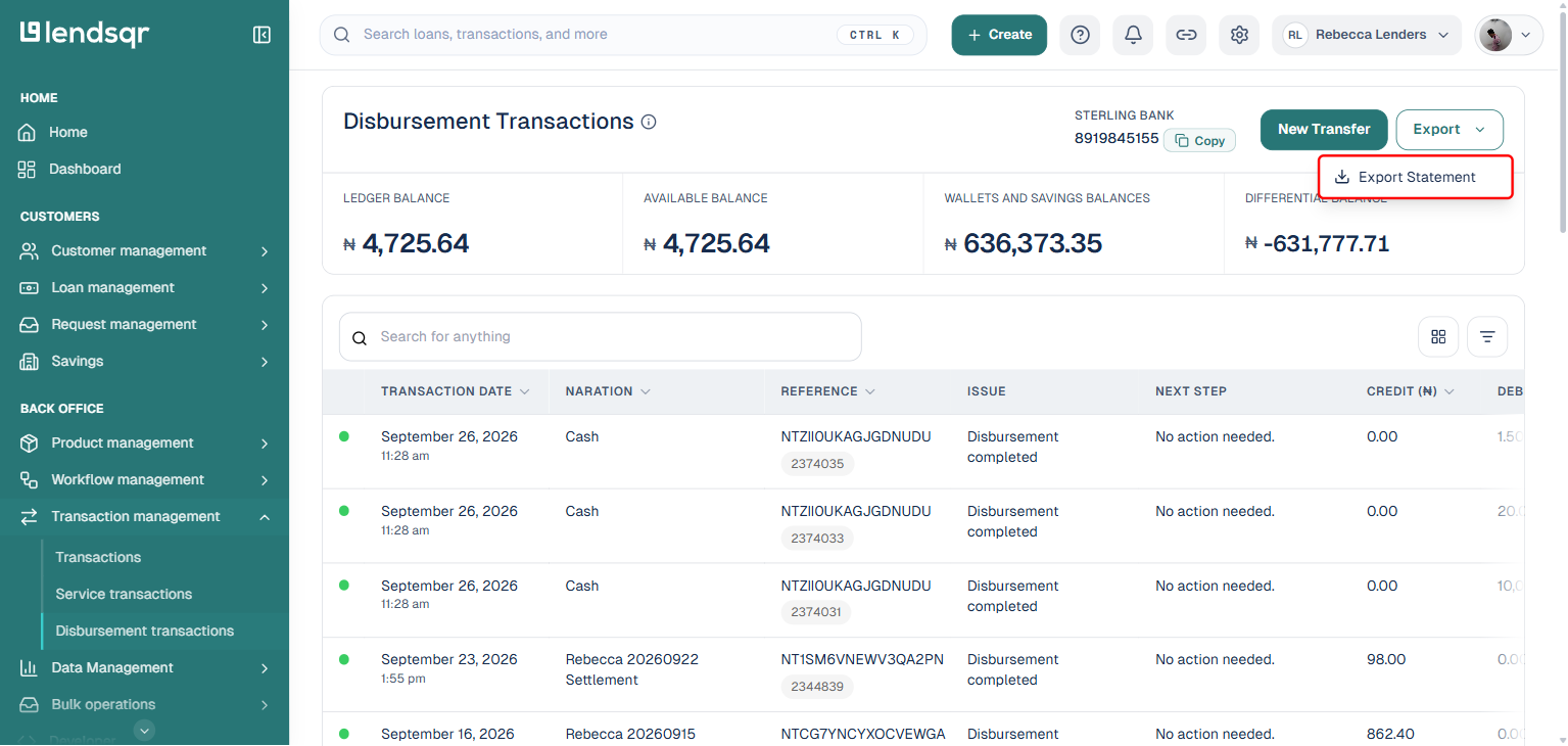 Lendsqr Disbursement Transactions page with the Export button clicked, showing the Export Statement menu option boxed