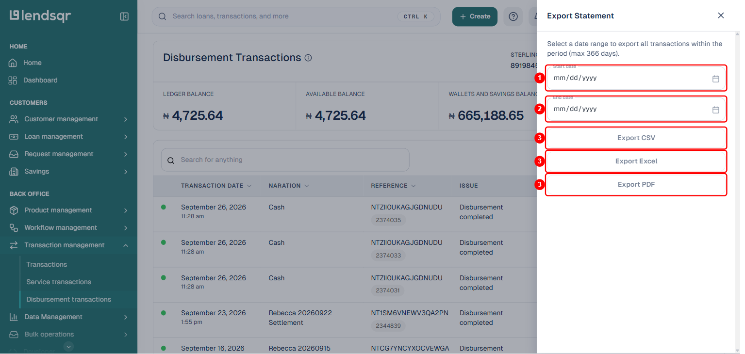 Export Statement modal with numbered steps: 1 Start date field, 2 End date field, 3 Export CSV Excel PDF format buttons