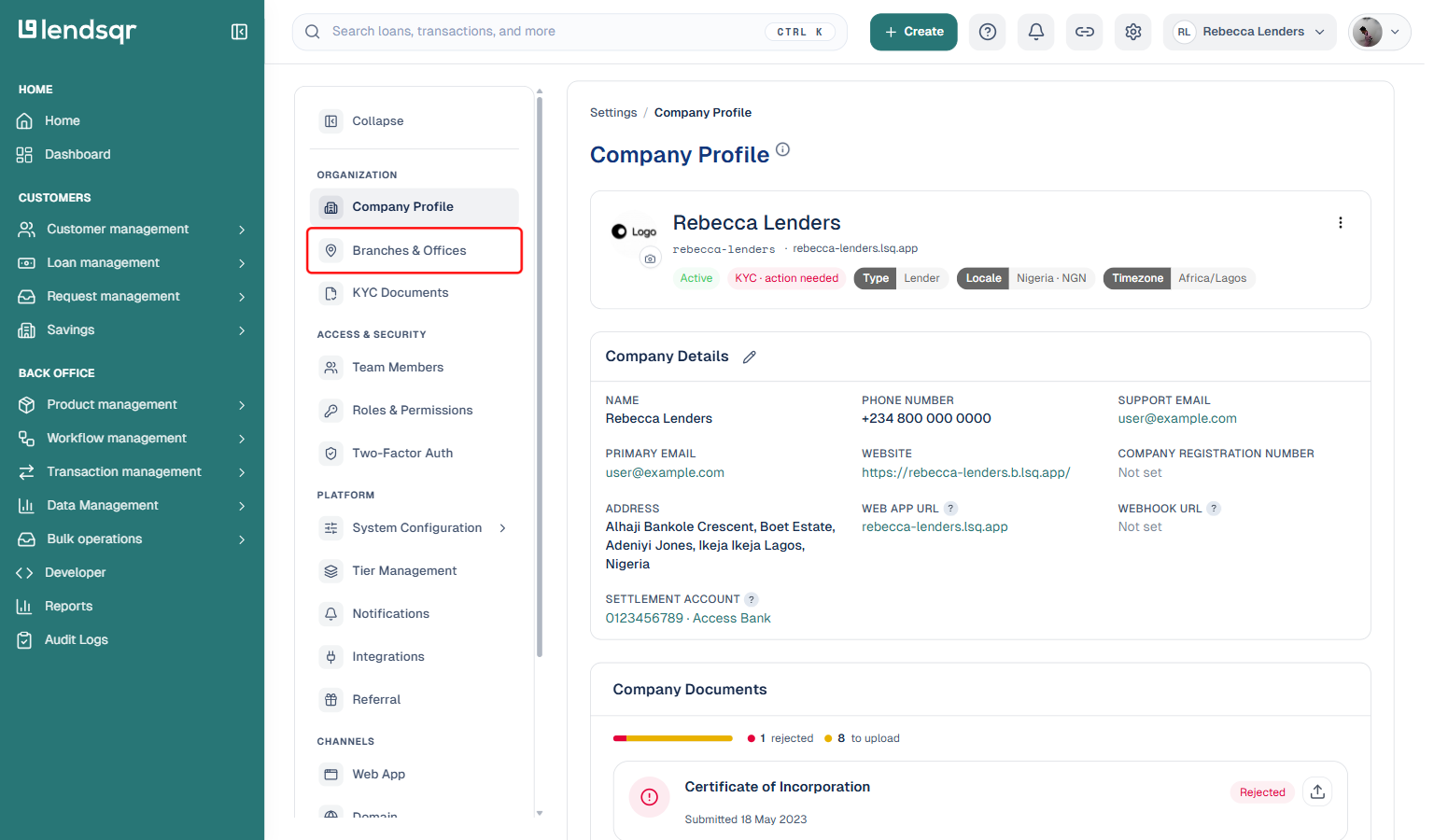 Settings page, Organization section: box on the Branches and Offices option