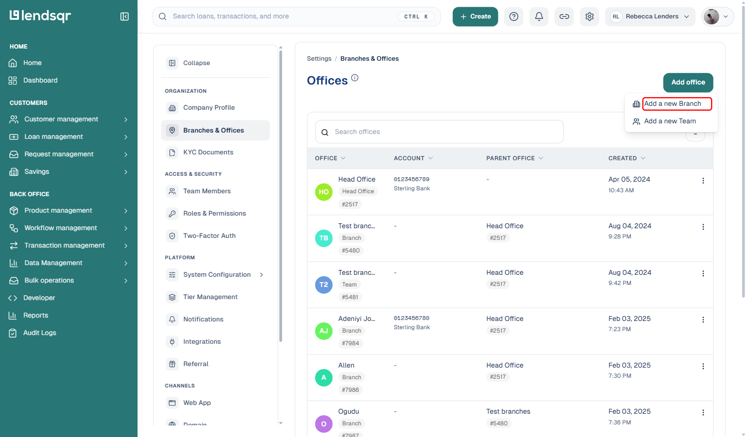 Offices page with the Add office menu open, boxed in red: the Add a new Branch option