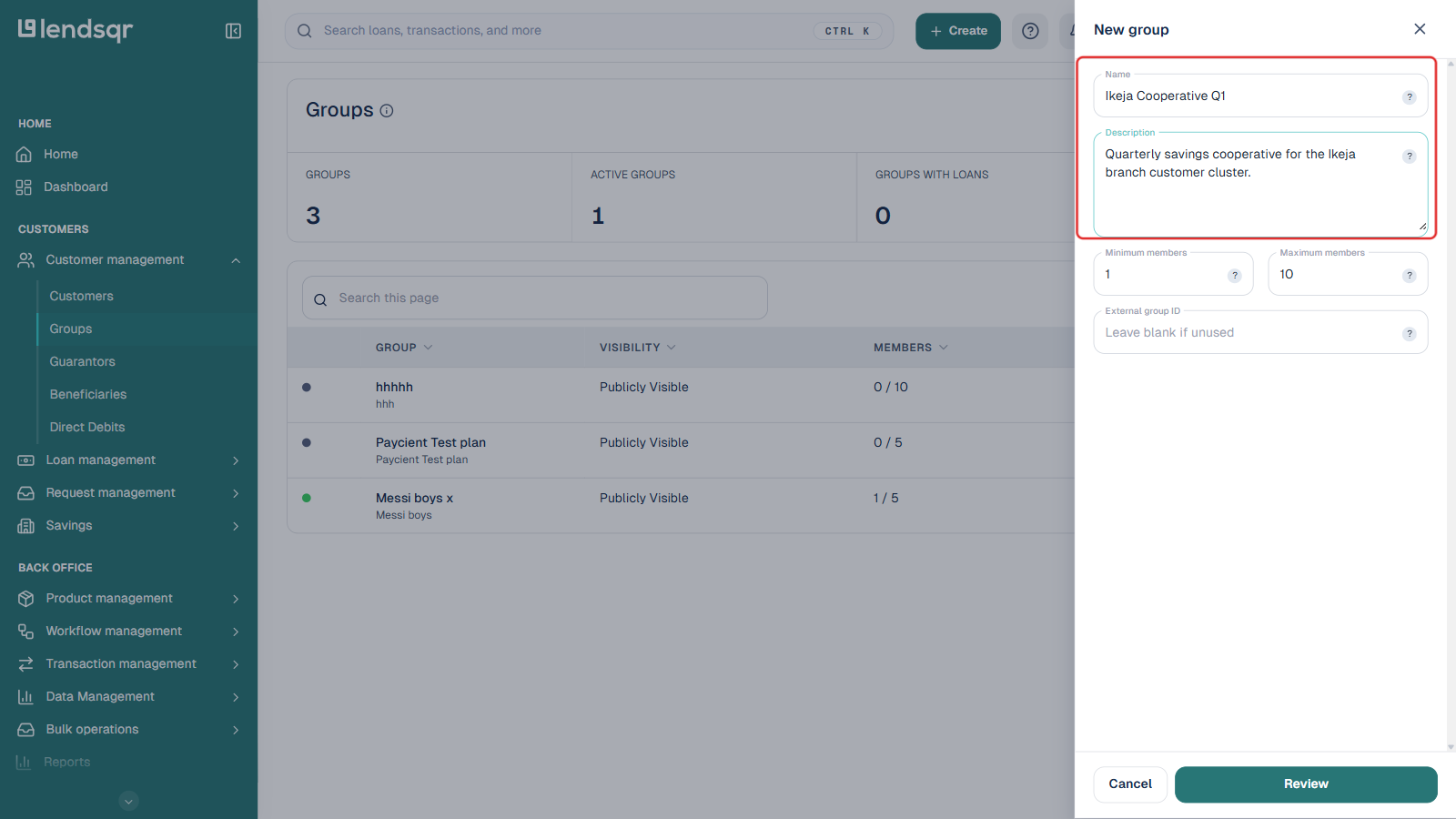 New group panel filled in with a group name and description, boxed