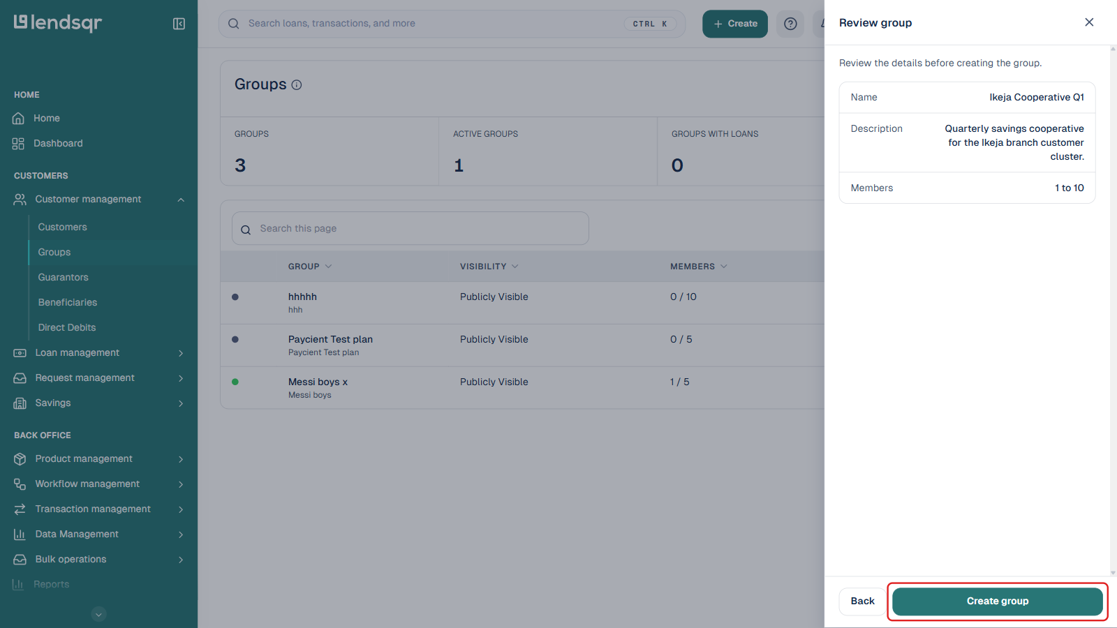 Review group screen showing the entered name, description, and member range, with the Create group button boxed