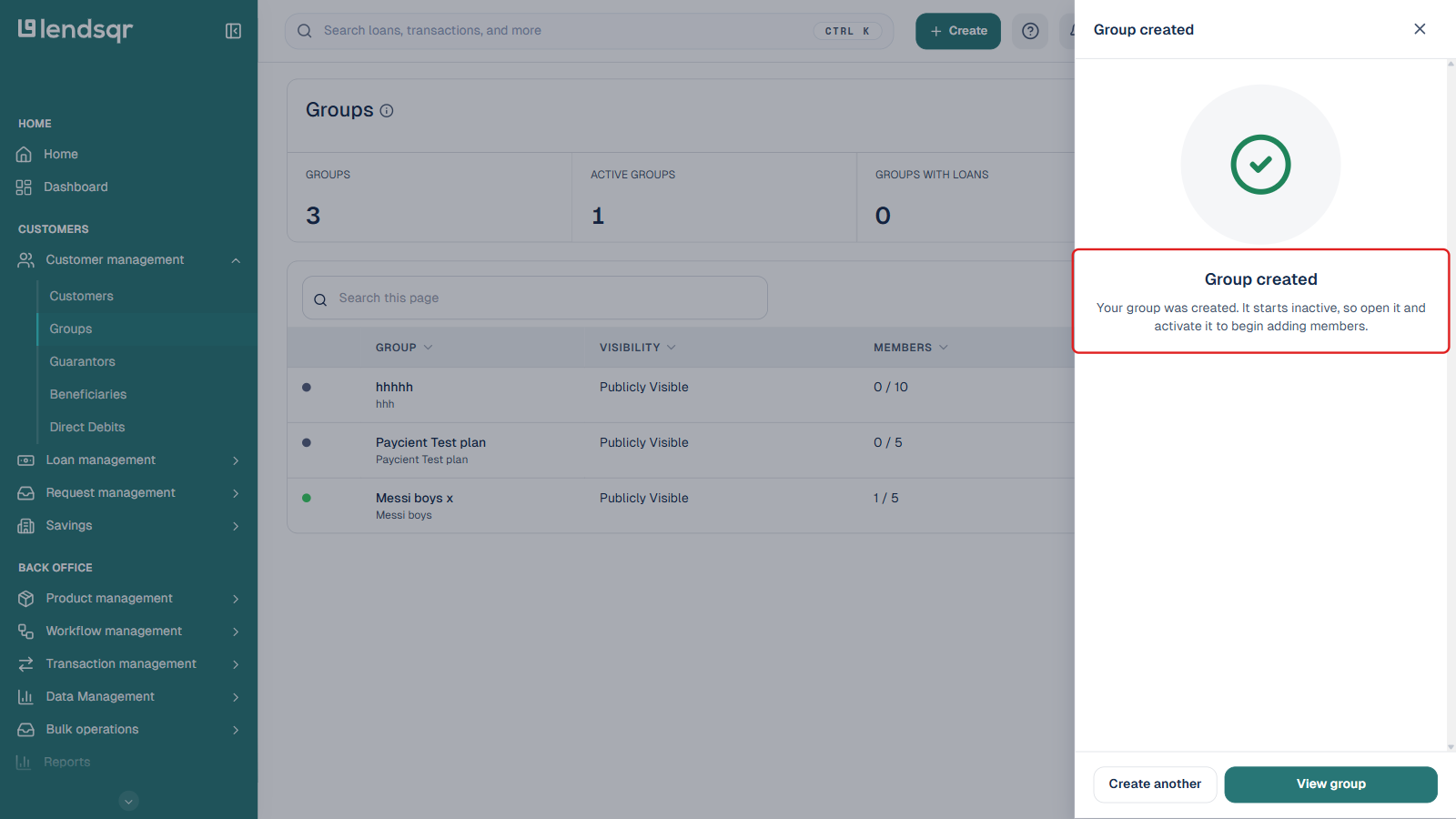 Group created confirmation message boxed, noting the new group starts inactive