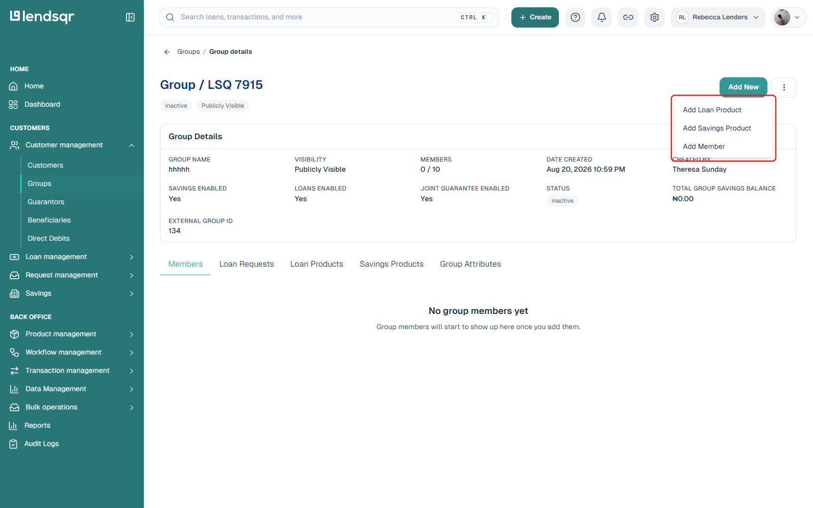 Group details page with the Add New menu boxed showing Add Loan Product, Add Savings Product, and Add Member options