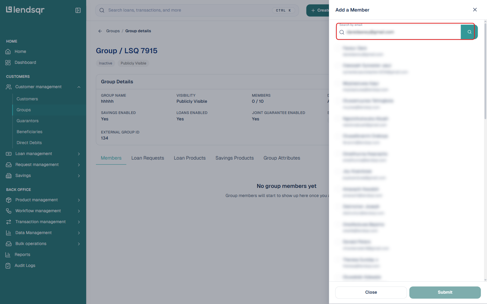 Add a Member panel with the search by email field boxed, customer list redacted